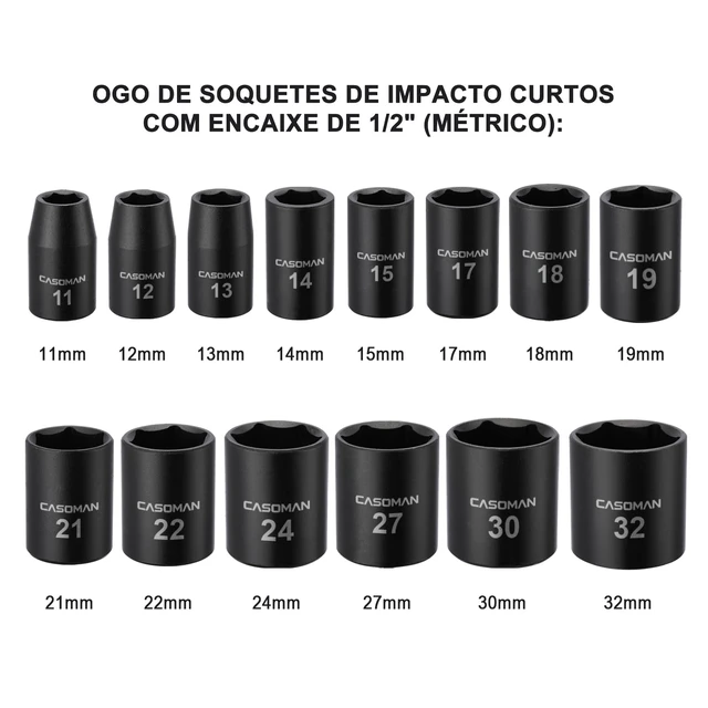 Alt view image 2 of 6 - 14 Pieces 1/2-Inch Drive Shallow Impact Socket Set, Metric, 6-Point, 11mm to 32mm