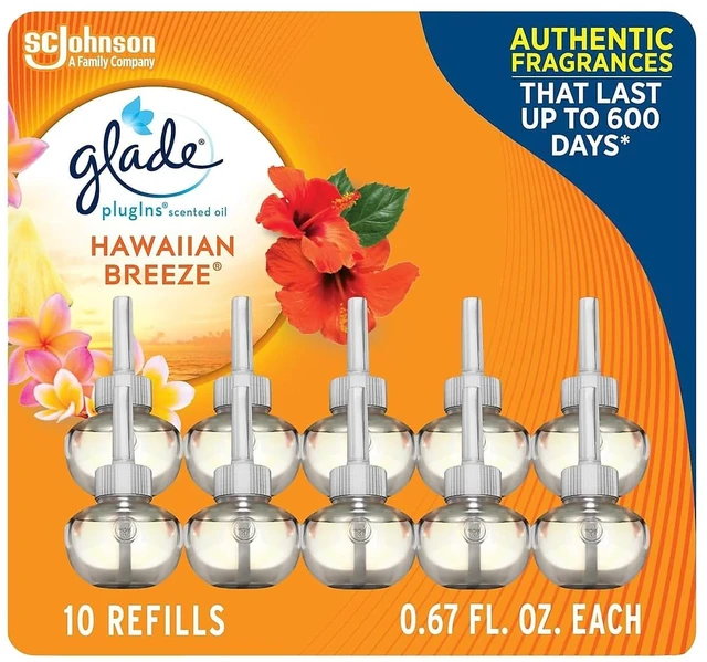 Main image of PlugIns Air Freshener Refills, Hawaiian Breeze, 10 Count | 0.67 fl oz Each, Includes 10 Refills, Scented and Essential Oils for Home and Bathroom Use, Fits Glade PlugIn Warmer