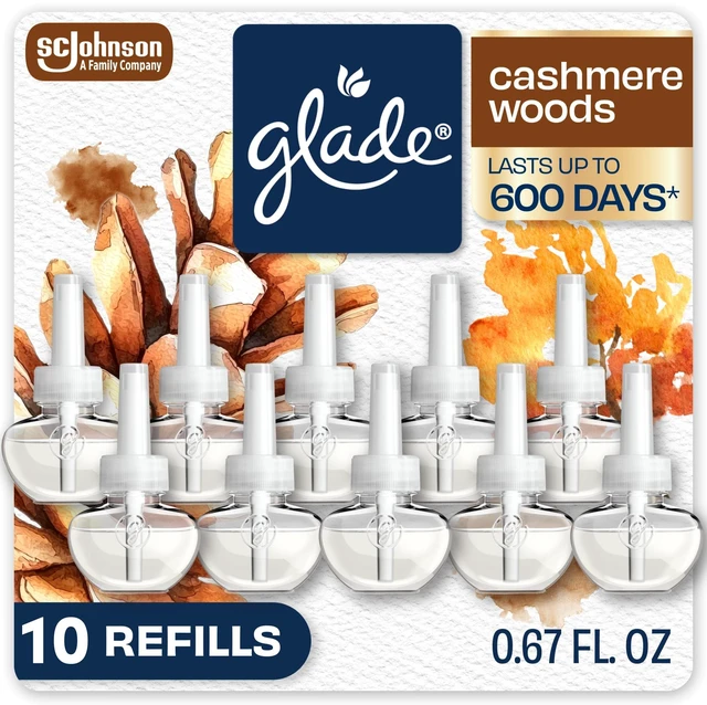 Main image of PlugIns Air Freshener Refills, Cashmere Woods, 10 Count | 0.67 fl oz Each, Includes 10 Refills, Scented and Essential Oils for Home and Bathroom Use, Fits Glade PlugIn Warmer