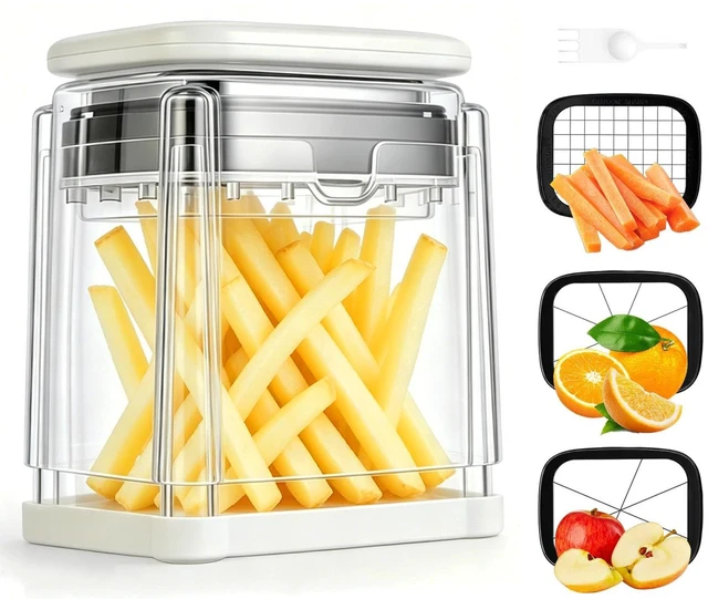 Main image of French Fry Cutter,Potato Cutter Apple Slicer with 3 Blades,White | 3-Fry Slicer for French Fries, Potato Wedges, Apple Wedges & Veggie Sticks, Ultra-Sharp Blades for Daily Meals & Picnics