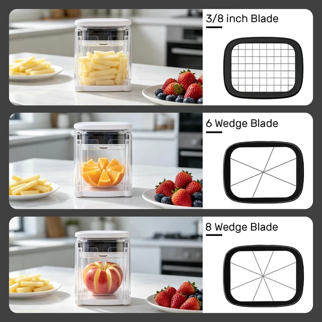 Alt view image 3 of 7 - French Fry Cutter,Potato Cutter Apple Slicer with 3 Blades,White | 3-Fry Slicer for French Fries, Potato Wedges, Apple Wedges & Veggie Sticks, Ultra-Sharp Blades for Daily Meals & Picnics