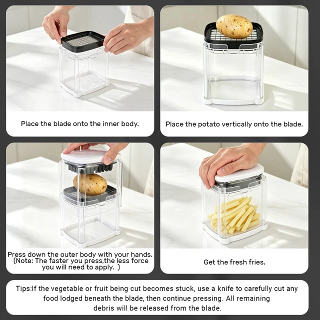 Alt view image 5 of 7 - French Fry Cutter,Potato Cutter Apple Slicer with 3 Blades,White | 3-Fry Slicer for French Fries, Potato Wedges, Apple Wedges & Veggie Sticks, Ultra-Sharp Blades for Daily Meals & Picnics