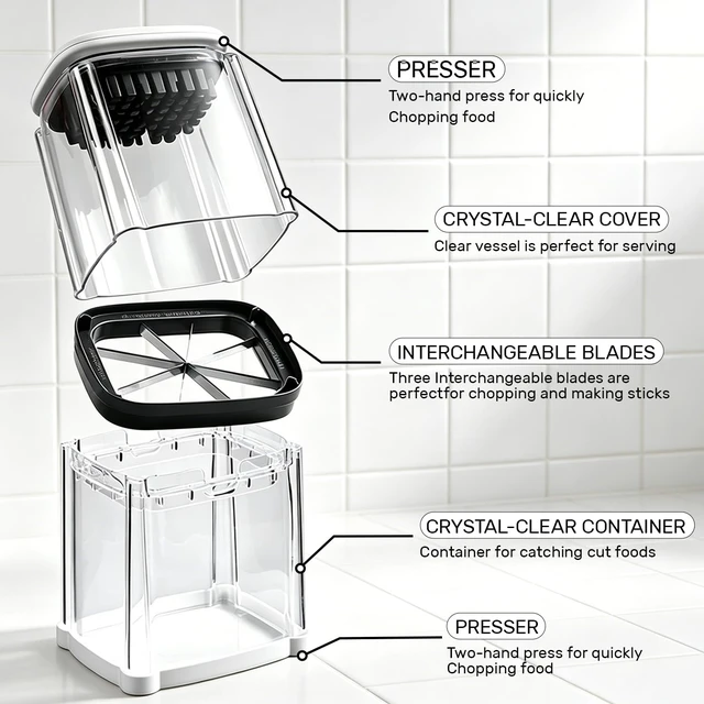 Alt view image 6 of 7 - French Fry Cutter,Potato Cutter Apple Slicer with 3 Blades,White | 3-Fry Slicer for French Fries, Potato Wedges, Apple Wedges & Veggie Sticks, Ultra-Sharp Blades for Daily Meals & Picnics