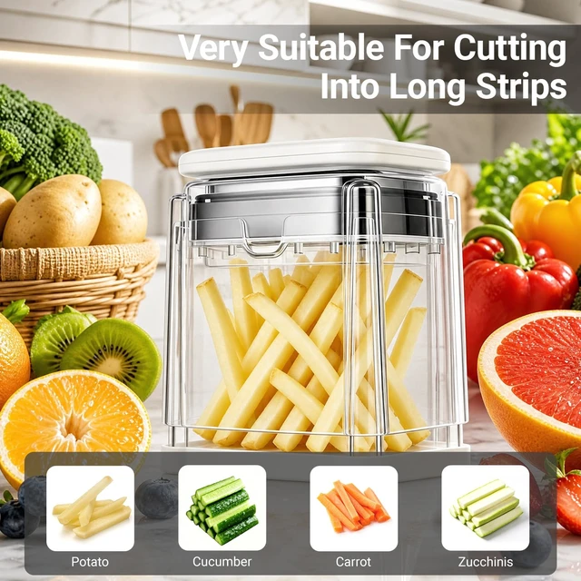 Alt view image 4 of 7 - French Fry Cutter,Potato Cutter Apple Slicer with 3 Blades,White | 3-Fry Slicer for French Fries, Potato Wedges, Apple Wedges & Veggie Sticks, Ultra-Sharp Blades for Daily Meals & Picnics