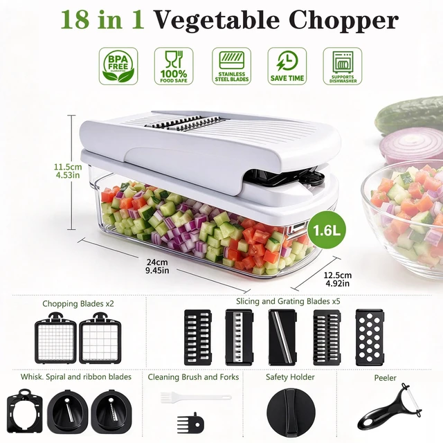 Alt view image 2 of 7 - 18-in-1 Vegetable Chopper Mandoline Slicer, Veggie Chopper with Container | Food Chopper & Vegetable Cutter | Onion Dicer, Julienne Cutter, Spiralizer, Grater, Shredder for Meal Prep, Dishwasher Safe