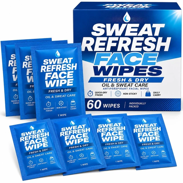 Main image of Antiperspirant Face Wipes 60 Count, Sweat Control Deodorant Wipes | Sweat Blocker & Clean Refreshing for Face & Body Part, Quick Dry Alcohol Free, Individually Wrapped, Travel-Friendly