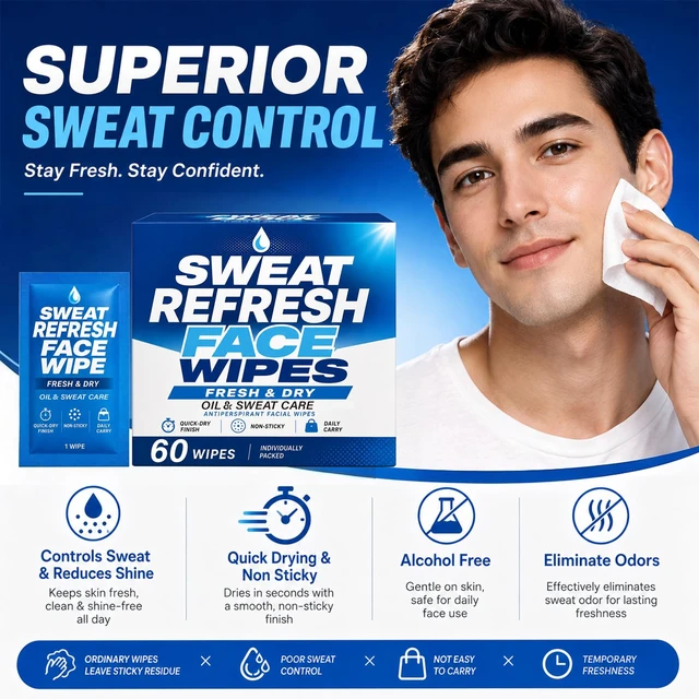 Alt view image 2 of 7 - Antiperspirant Face Wipes 60 Count, Sweat Control Deodorant Wipes | Sweat Blocker & Clean Refreshing for Face & Body Part, Quick Dry Alcohol Free, Individually Wrapped, Travel-Friendly