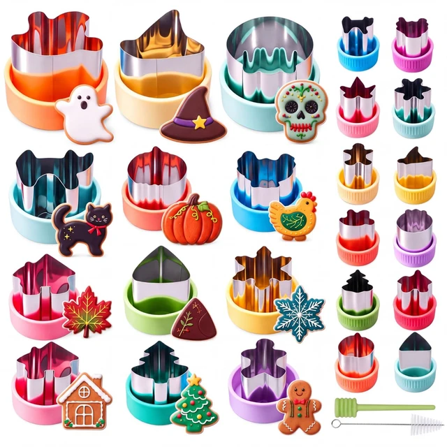 Main image of 36 Pcs Halloween Stainless Steel Vegetable Cookie Cutters Set | Halloween, Thanksgiving and Christmas Holiday Shapes, Maple Leaf, Pumpkin, Witch Hat, Cat, Ghost Skull &turkey