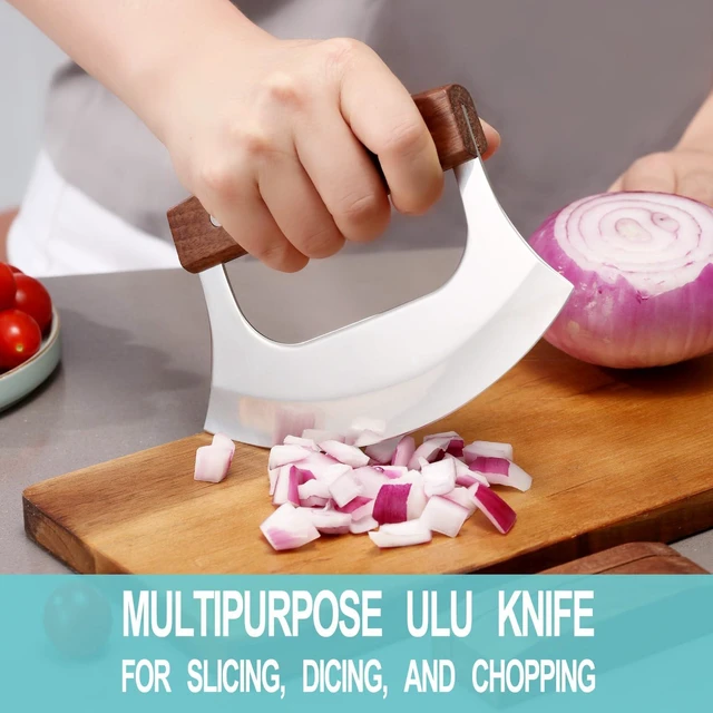 Alt view image 2 of 6 - Ulu Knife with Stand for Cutter Pizza Meat Vegetables Herb Salad | Stainless Steel Blade, Walnut Wood Handle, Sharp Rocker Mezzaluna Knife, Kitchen Essentials Accessories and Gadgets Tools