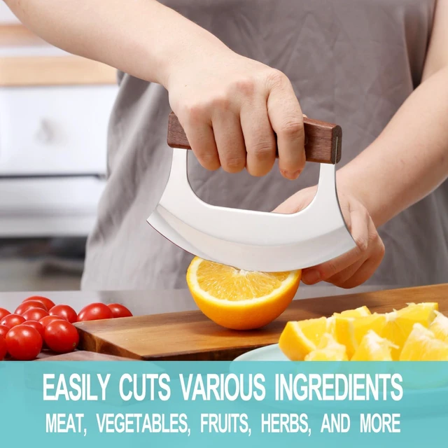 Alt view image 3 of 6 - Ulu Knife with Stand for Cutter Pizza Meat Vegetables Herb Salad | Stainless Steel Blade, Walnut Wood Handle, Sharp Rocker Mezzaluna Knife, Kitchen Essentials Accessories and Gadgets Tools