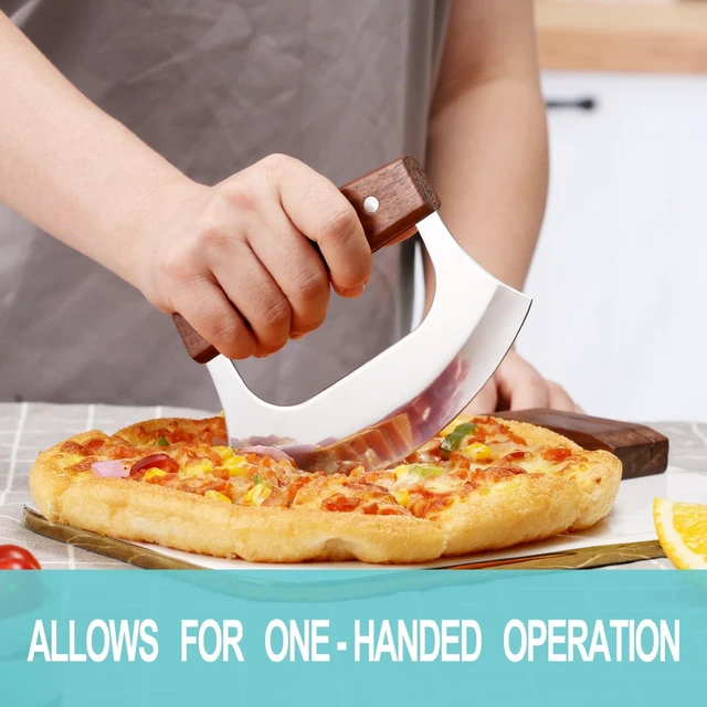Alt view image 4 of 6 - Ulu Knife with Stand for Cutter Pizza Meat Vegetables Herb Salad | Stainless Steel Blade, Walnut Wood Handle, Sharp Rocker Mezzaluna Knife, Kitchen Essentials Accessories and Gadgets Tools