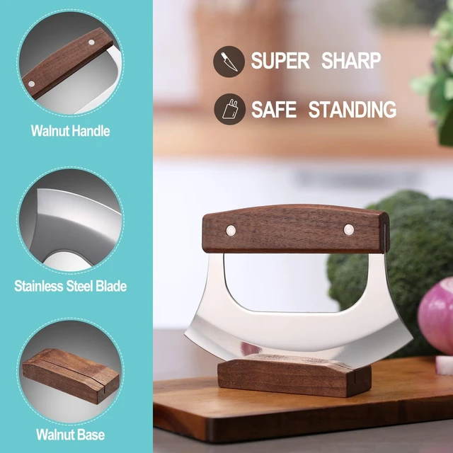 Alt view image 5 of 6 - Ulu Knife with Stand for Cutter Pizza Meat Vegetables Herb Salad | Stainless Steel Blade, Walnut Wood Handle, Sharp Rocker Mezzaluna Knife, Kitchen Essentials Accessories and Gadgets Tools