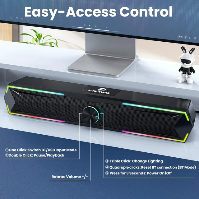 Alt view image 7 of 7 - Computer Speakers for Pc Desktop with Clear Sound, Flowing LED PC Speaker for Computer Desktop Laptop Monitor, Bluetooth & USB Input Black