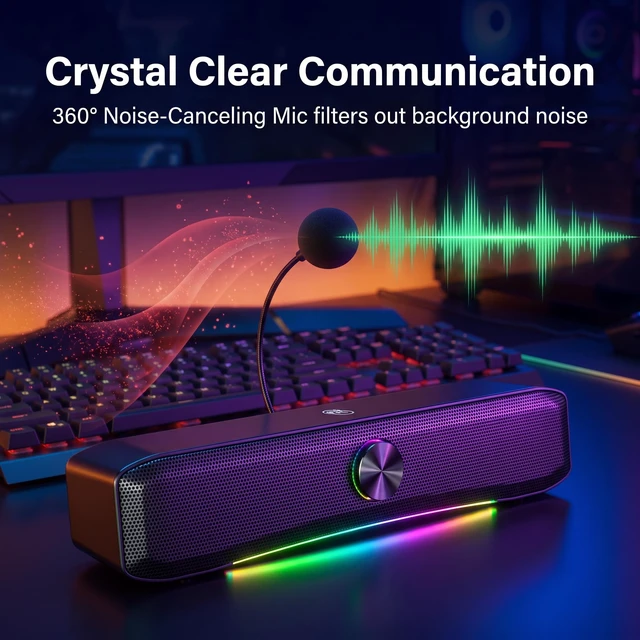 Alt view image 2 of 7 - Computer Speaker with Mic, Bluetooth &USB RGB Soundbar for Desktop | Quad drivers, Bluetooth 5.4 & USB, 360° Noise-Canceling Mic, RGB Lighting, Touch & Knob Controls with Type-c Adapter for PC