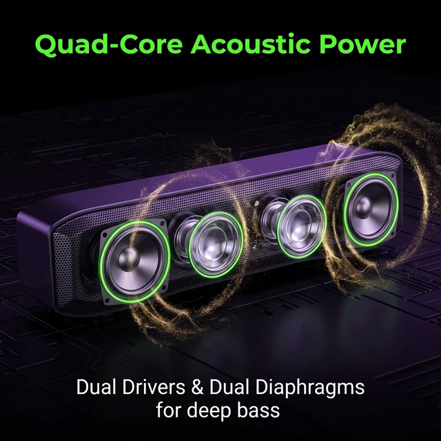 Alt view image 3 of 7 - Computer Speaker with Mic, Bluetooth &USB RGB Soundbar for Desktop | Quad drivers, Bluetooth 5.4 & USB, 360° Noise-Canceling Mic, RGB Lighting, Touch & Knob Controls with Type-c Adapter for PC