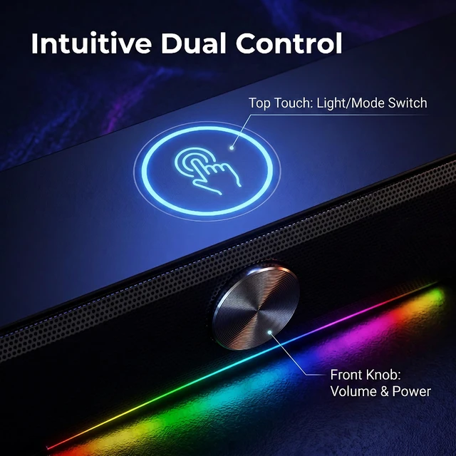 Alt view image 5 of 7 - Computer Speaker with Mic, Bluetooth &USB RGB Soundbar for Desktop | Quad drivers, Bluetooth 5.4 & USB, 360° Noise-Canceling Mic, RGB Lighting, Touch & Knob Controls with Type-c Adapter for PC