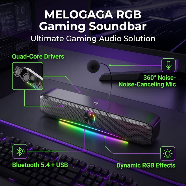Alt view image 7 of 7 - Computer Speaker with Mic, Bluetooth &USB RGB Soundbar for Desktop | Quad drivers, Bluetooth 5.4 & USB, 360° Noise-Canceling Mic, RGB Lighting, Touch & Knob Controls with Type-c Adapter for PC