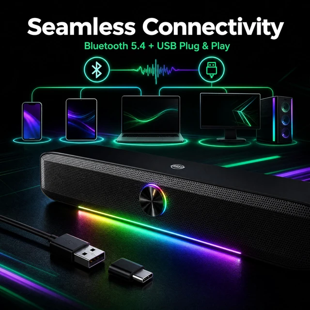 Alt view image 6 of 7 - Computer Speaker with Mic, Bluetooth &USB RGB Soundbar for Desktop | Quad drivers, Bluetooth 5.4 & USB, 360° Noise-Canceling Mic, RGB Lighting, Touch & Knob Controls with Type-c Adapter for PC