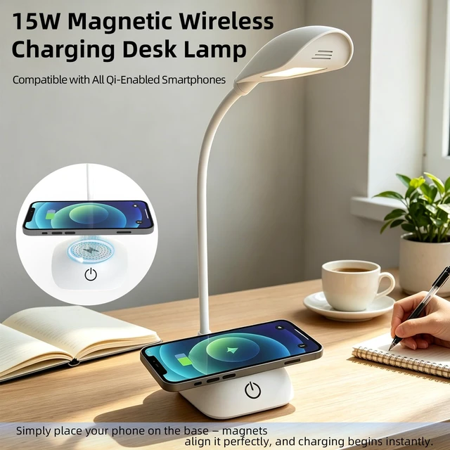 Alt view image 2 of 7 - LED Desk Lamp with 15W Magnetic Wireless Charger, Stepless Dimming | 15W fast charging,600LM CRI 85 eye-caring,3 color modes stepless dimmable,dorm bedside home office,QC3.0 PD adapter included