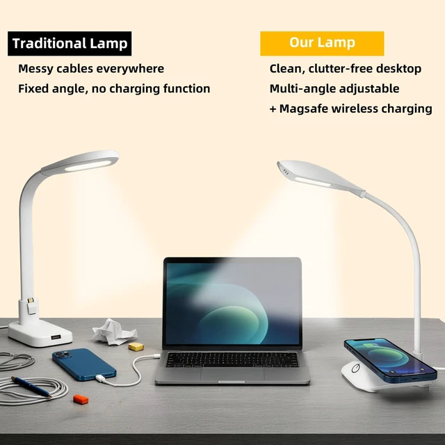 Alt view image 6 of 7 - LED Desk Lamp with 15W Magnetic Wireless Charger, Stepless Dimming | 15W fast charging,600LM CRI 85 eye-caring,3 color modes stepless dimmable,dorm bedside home office,QC3.0 PD adapter included