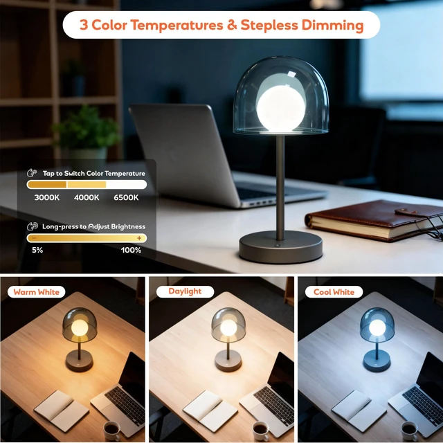 Alt view image 2 of 6 - LED Modern Lamp, Small Mushroom Lamp Cordless, Unique Decor Light | Rechargeable Mushroom Desk Lamp Dimmable, IP44 Bathroom Lamp Countertop, Mini Bedside Wireless Lamp for Living Room (Grey)