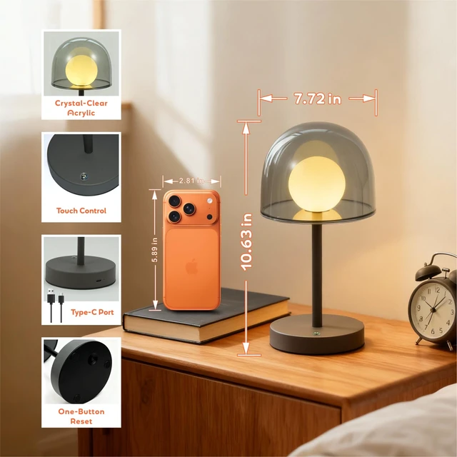 Alt view image 3 of 6 - LED Modern Lamp, Small Mushroom Lamp Cordless, Unique Decor Light | Rechargeable Mushroom Desk Lamp Dimmable, IP44 Bathroom Lamp Countertop, Mini Bedside Wireless Lamp for Living Room (Grey)
