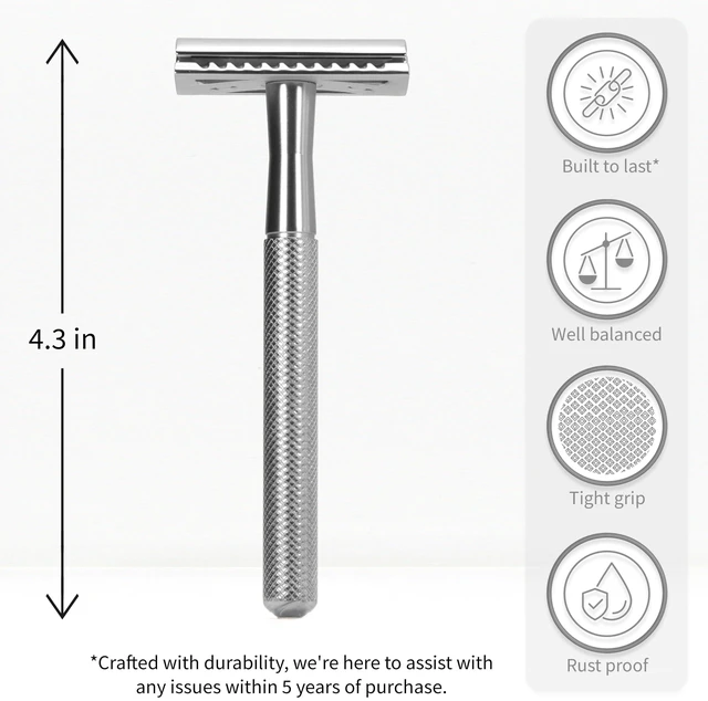 Alt view image 2 of 7 - Double Edge Safety Razor for Men & Women, Metal Razor with 5 Double Edge Safety Razor Blades, Eco-Friendly Razor Silver