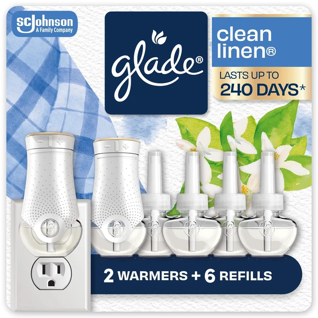 Main image of PlugIns Air Freshener Starter Kit, Scented and Essential Oils for Home and Bathroom, Clean Linen, 4.02 Fl Oz, 2 Warmers and 6 Refills