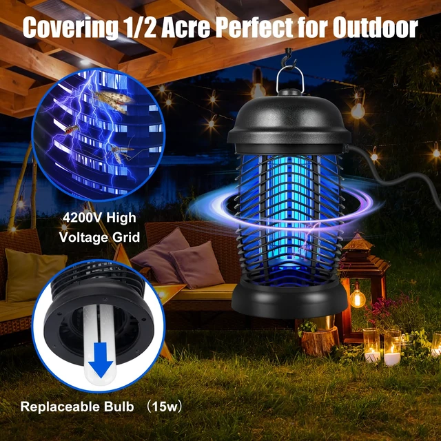 Alt view image 3 of 7 - Bug Zapper Outdoor, 4200V Electric Mosquito & Fly Zapper, Black | Covers Up to 1/2 Acre, Fly Traps for Patio Backyard, 3 Prong Plug, 90-130V ABS Plastic Outer, Mosquito Killer