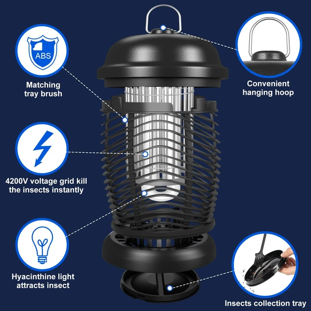 Alt view image 5 of 7 - Bug Zapper Outdoor, 4200V Electric Mosquito & Fly Zapper, Black | Covers Up to 1/2 Acre, Fly Traps for Patio Backyard, 3 Prong Plug, 90-130V ABS Plastic Outer, Mosquito Killer