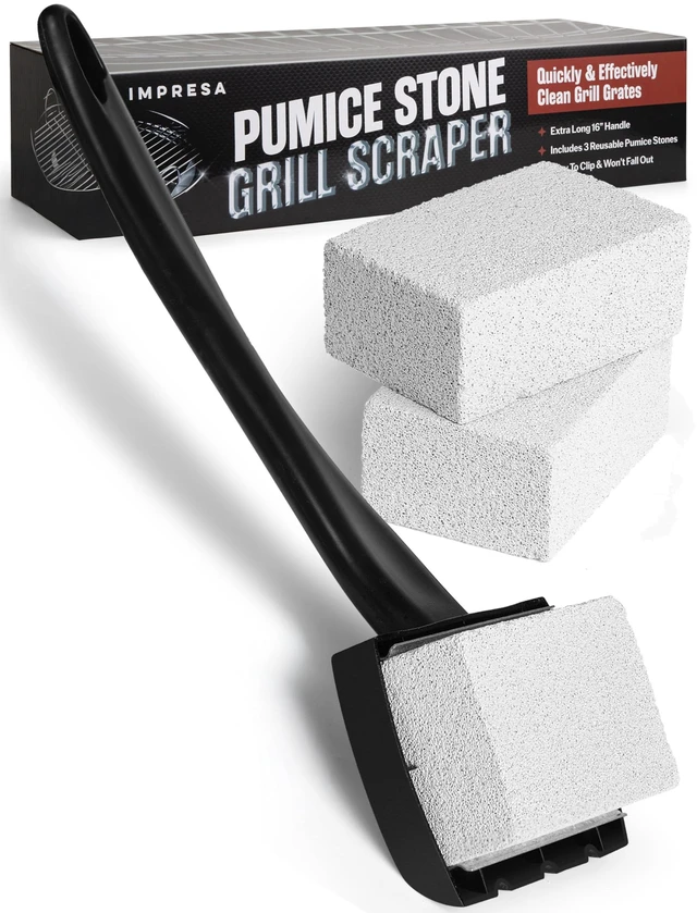 Main image of Pumice Stone Grill Brush - 5 x 2 in Head, 16 in Handle, Pack of 3 Replacement Bricks - Grease Removal BBQ Cleaning Stone - Ergonomic Long Handle Griddle Cleaning Kit - Versatile Grill Scraper