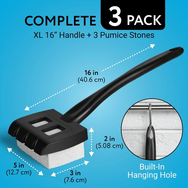 Alt view image 3 of 7 - Pumice Stone Grill Brush - 5 x 2 in Head, 16 in Handle, Pack of 3 Replacement Bricks - Grease Removal BBQ Cleaning Stone - Ergonomic Long Handle Griddle Cleaning Kit - Versatile Grill Scraper