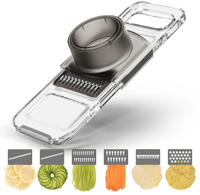 Main image of Transparent Multifunctional Mandoline Slicer - 6 Blades Interchangeable, Handheld Vegetable Cutter with Hand Guard for Kitchen, Onion, Garlic, Safe Food Slicer