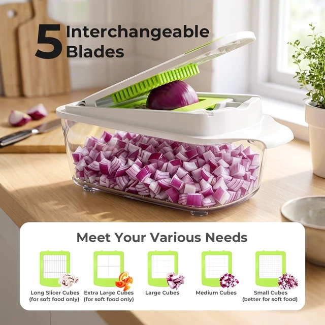 Alt view image 2 of 7 - Vegetable Chopper Mandoline Slicer, Food Dicer Chopper, Veggie Cutter | 12 in 1 Vegetable Chopper with Container & 5 Blades, Onion Cucumber Fruit Salad Dicer, Mealprep for Kitchen Food, Light Green
