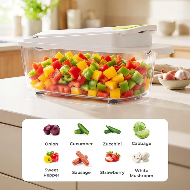 Alt view image 3 of 7 - Vegetable Chopper Mandoline Slicer, Food Dicer Chopper, Veggie Cutter | 12 in 1 Vegetable Chopper with Container & 5 Blades, Onion Cucumber Fruit Salad Dicer, Mealprep for Kitchen Food, Light Green