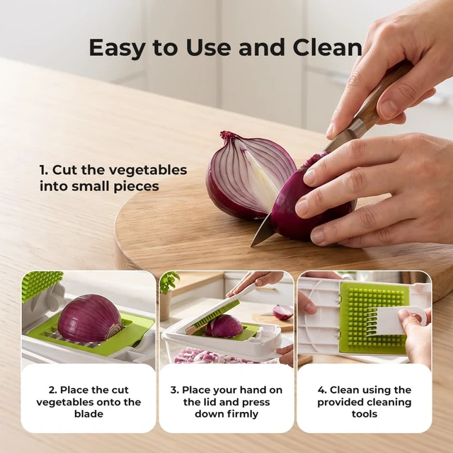Alt view image 4 of 7 - Vegetable Chopper Mandoline Slicer, Food Dicer Chopper, Veggie Cutter | 12 in 1 Vegetable Chopper with Container & 5 Blades, Onion Cucumber Fruit Salad Dicer, Mealprep for Kitchen Food, Light Green