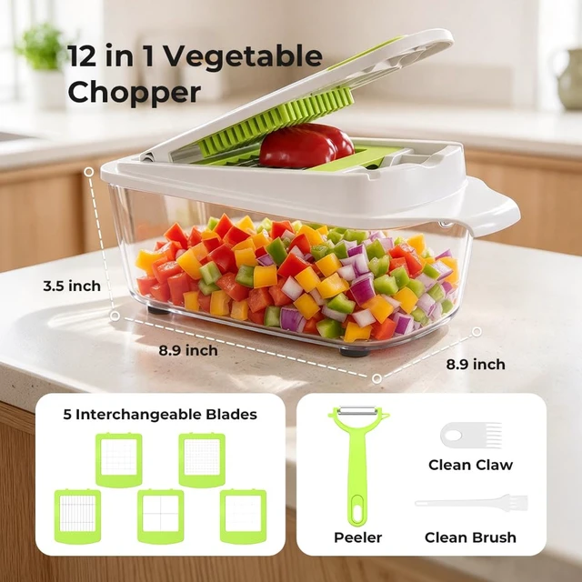 Alt view image 6 of 7 - Vegetable Chopper Mandoline Slicer, Food Dicer Chopper, Veggie Cutter | 12 in 1 Vegetable Chopper with Container & 5 Blades, Onion Cucumber Fruit Salad Dicer, Mealprep for Kitchen Food, Light Green