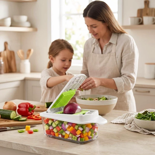 Alt view image 7 of 7 - Vegetable Chopper Mandoline Slicer, Food Dicer Chopper, Veggie Cutter | 12 in 1 Vegetable Chopper with Container & 5 Blades, Onion Cucumber Fruit Salad Dicer, Mealprep for Kitchen Food, Light Green