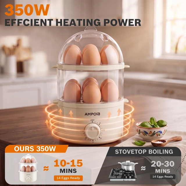 Alt view image 4 of 7 - Rapid Egg Cooker 14 Eggs Capacity with 30 Min Timer, BPA Free, Beige | 350W Electric Egg Steamer, Soft, Medium, Hard Boiled, Poached for Breakfast, Egg Boiler with Auto Shut-Off, Dishwasher Safe