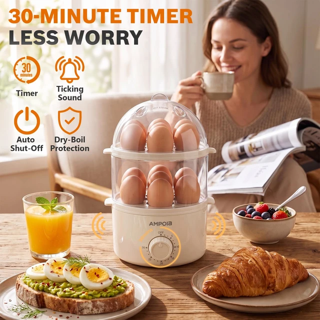 Alt view image 5 of 7 - Rapid Egg Cooker 14 Eggs Capacity with 30 Min Timer, BPA Free, Beige | 350W Electric Egg Steamer, Soft, Medium, Hard Boiled, Poached for Breakfast, Egg Boiler with Auto Shut-Off, Dishwasher Safe