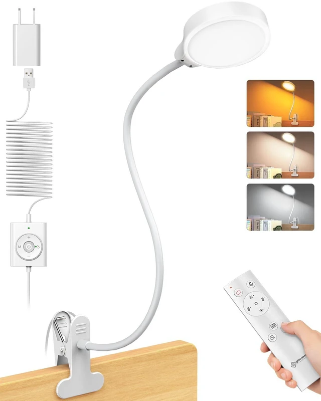 Main image of 5W Desk Lamp with Remote, 3 Colors & 5 Brightness Reading Lights | Flexible Gooseneck Clip on Lamp, 30-Min Timer Reading Lamp, Perfect Clip on Light for Bunk,Bed,Headboard,Table,Work,Craft