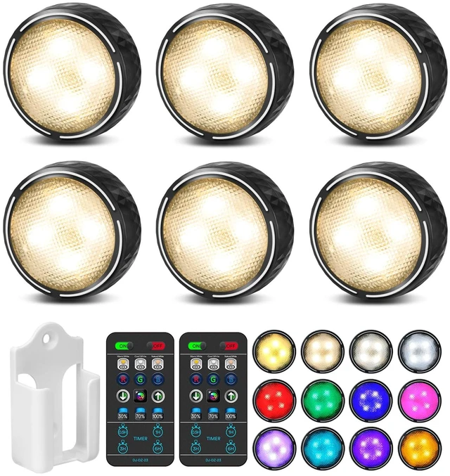 Main image of Puck Lights with Remote, 3 White Tones & 13 Colors, Black-6 Pack | AA Battery Operated Wireless LED Under Cabinet Lighting, Stick on Tap Push Light for Kitchen Counter, Bookshelf, Closet