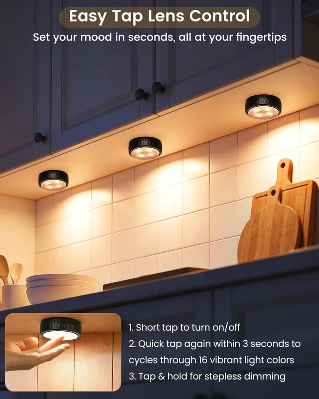 Alt view image 2 of 7 - Puck Lights with Remote, 3 White Tones & 13 Colors, Black-6 Pack | AA Battery Operated Wireless LED Under Cabinet Lighting, Stick on Tap Push Light for Kitchen Counter, Bookshelf, Closet