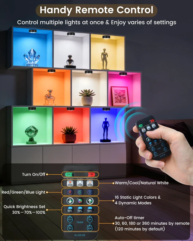 Alt view image 3 of 7 - Puck Lights with Remote, 3 White Tones & 13 Colors, Black-6 Pack | AA Battery Operated Wireless LED Under Cabinet Lighting, Stick on Tap Push Light for Kitchen Counter, Bookshelf, Closet