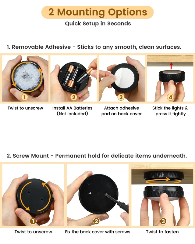Alt view image 4 of 7 - Puck Lights with Remote, 3 White Tones & 13 Colors, Black-6 Pack | AA Battery Operated Wireless LED Under Cabinet Lighting, Stick on Tap Push Light for Kitchen Counter, Bookshelf, Closet