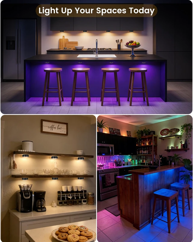 Alt view image 6 of 7 - Puck Lights with Remote, 3 White Tones & 13 Colors, Black-6 Pack | AA Battery Operated Wireless LED Under Cabinet Lighting, Stick on Tap Push Light for Kitchen Counter, Bookshelf, Closet