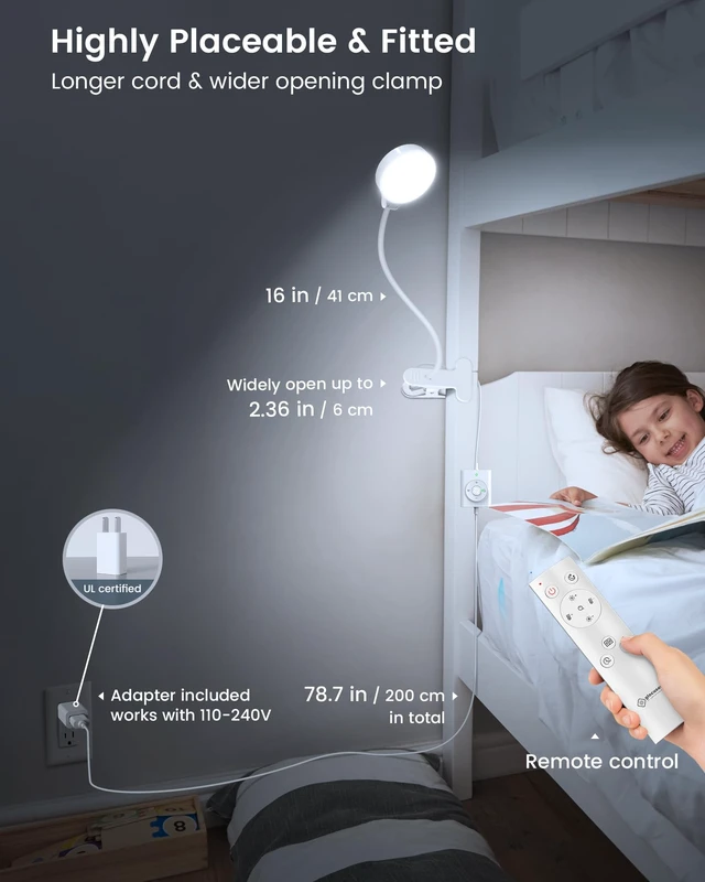 Alt view image 6 of 6 - 5W Desk Lamp with Remote, 3 Colors & 5 Brightness Reading Lights | Flexible Gooseneck Clip on Lamp, 30-Min Timer Reading Lamp, Perfect Clip on Light for Bunk,Bed,Headboard,Table,Work,Craft