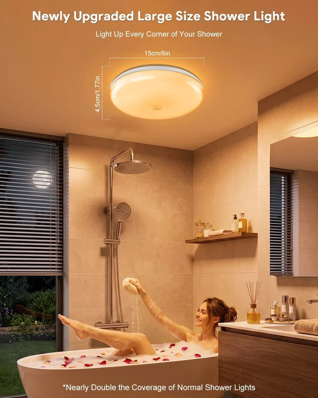 Alt view image 2 of 7 - Shower Light, 6" Rechargeable LED Bathroom Lamp, IP65 Waterproof | 12 RGB Colors Bathtub Mood Lighting with Touch & Remote, 3 CCT Shower Lamp, Magnetic Wireless Cabinet Closet Ceiling Light