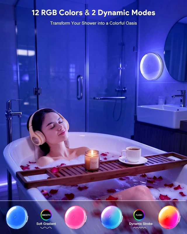 Alt view image 3 of 7 - Shower Light, 6" Rechargeable LED Bathroom Lamp, IP65 Waterproof | 12 RGB Colors Bathtub Mood Lighting with Touch & Remote, 3 CCT Shower Lamp, Magnetic Wireless Cabinet Closet Ceiling Light