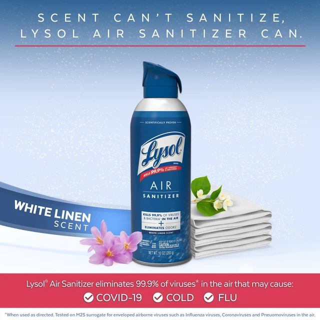 Alt view image 2 of 5 - Disinfectant Spray + Air Sanitizer, Crisp Linen & White Linen, 3 Pack | Lysol Disinfecting & Sanitizing Antibacterial Room Spray, Air Sanitizer, Odor Eliminator Deodorizer Spray, Home & Bathroom